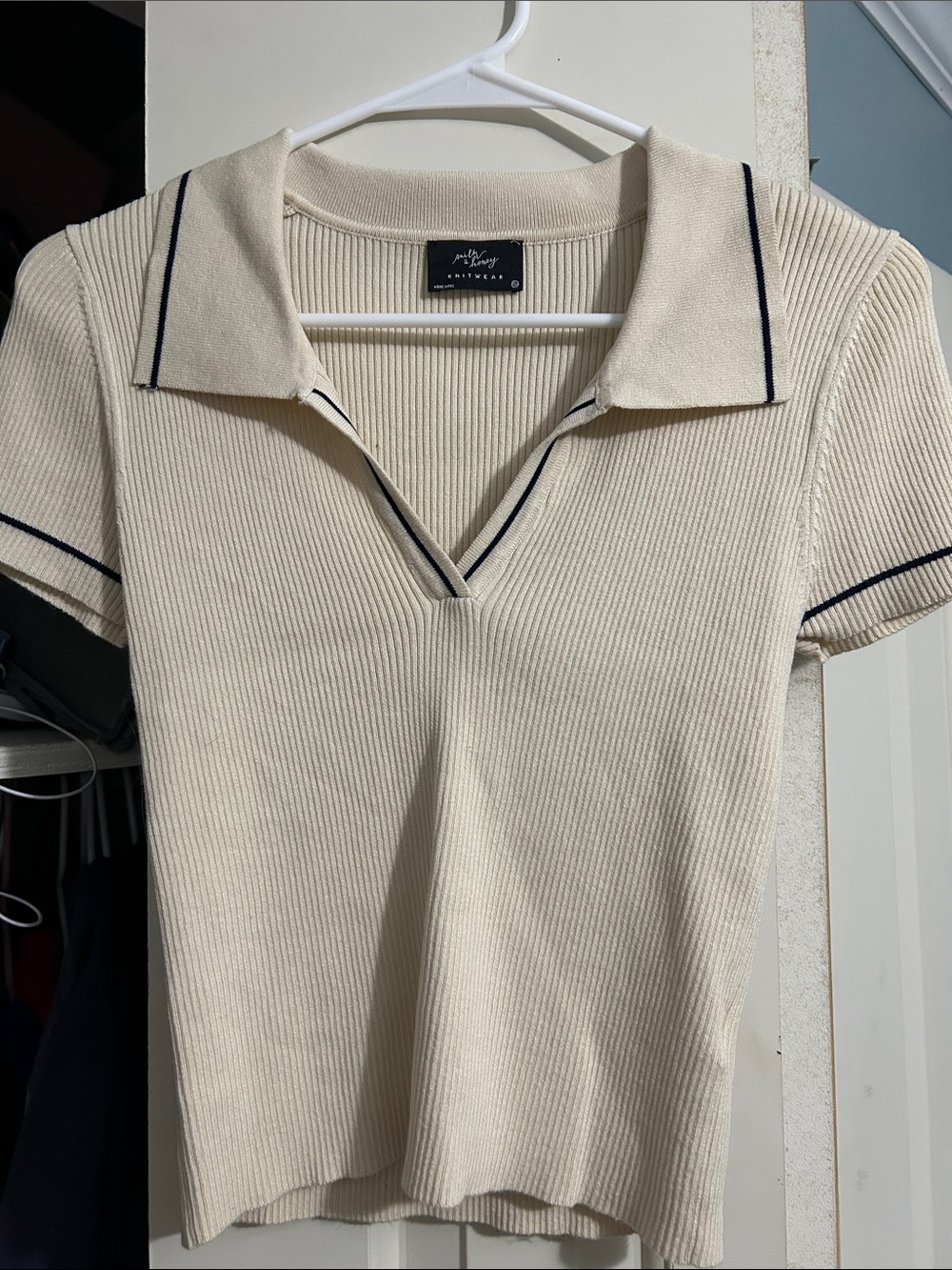 Ribbed Polo Knit Top in Cream - Petite Sophisticate